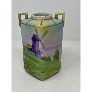 Antique Morimura Hand Painted Nippon Square Vase Windmill Landscape Japanese 6”